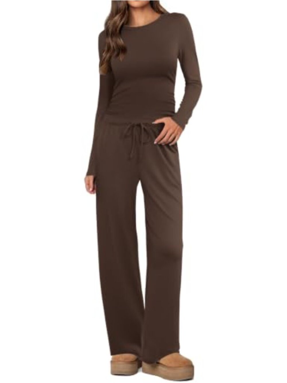2 Piece Lounge Set Long Sleeve Ruching Top Wide Leg Pants Pockets